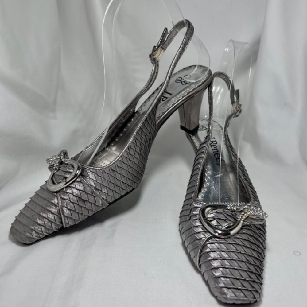 J.RENEE Silver Tuck Satin w/Rhinestone-Silver Buckle Detail Sling Back Heels